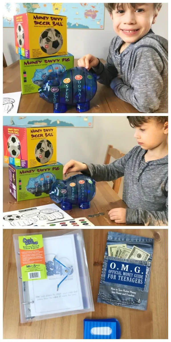 Collage, child putting money in a blue piggy bank