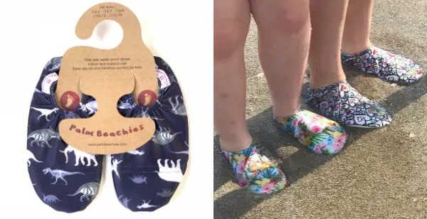 Navy and floral water shoes for toddlers, collage