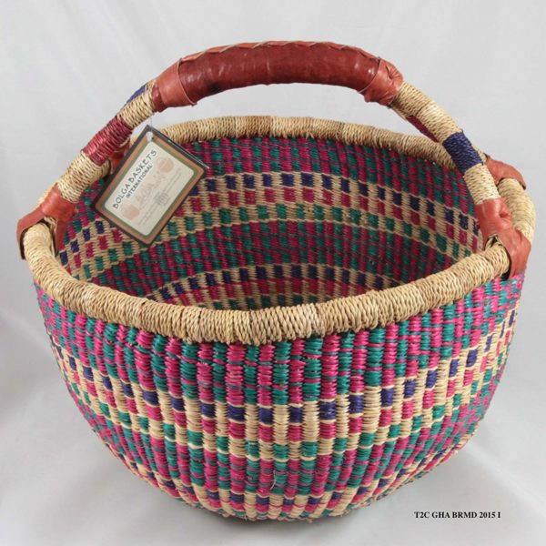 A close up of a colorful woven basket