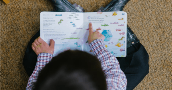 Reading and Literacy, overhead shot of child pointing to a picture in a book