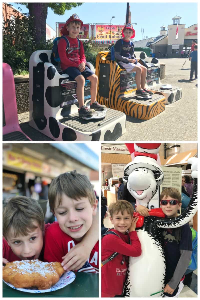 Boys at the fair with The Cat in the Hat statue, collage