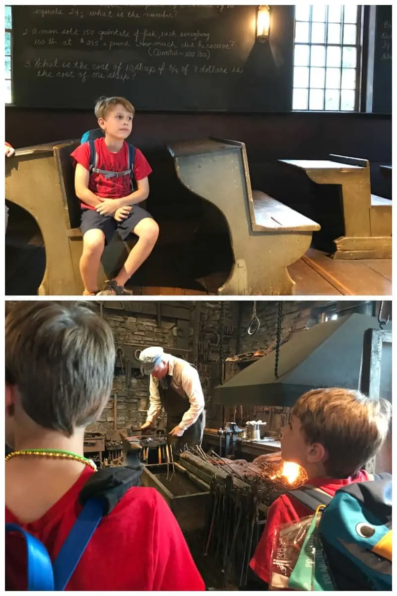 Collage of children observing a blacksmith shop and a one-room schoolhouse