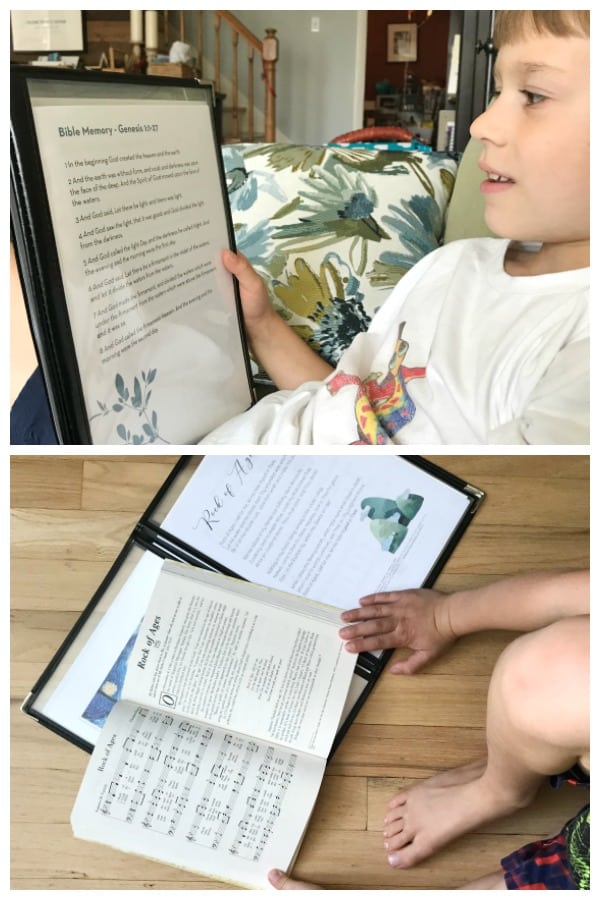 Child looking at printable hymn page