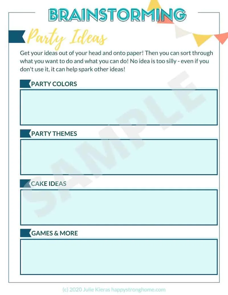 birthday party brainstorming printable