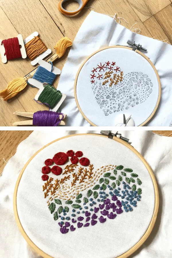 Embroidery hoop with heart design and colorful stitches collage