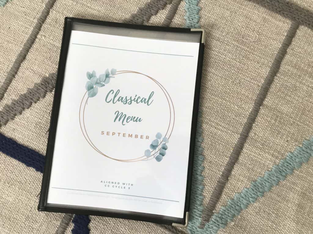 Close up of a Classical Morning Menu in a plastic menu sleeve