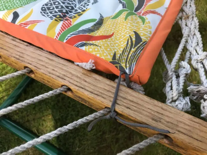 Close up of Hammock ties sewn to hammock cover