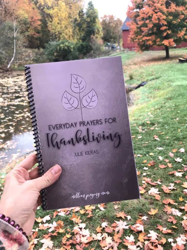 A person holding a purple Thanksgiving devotional book