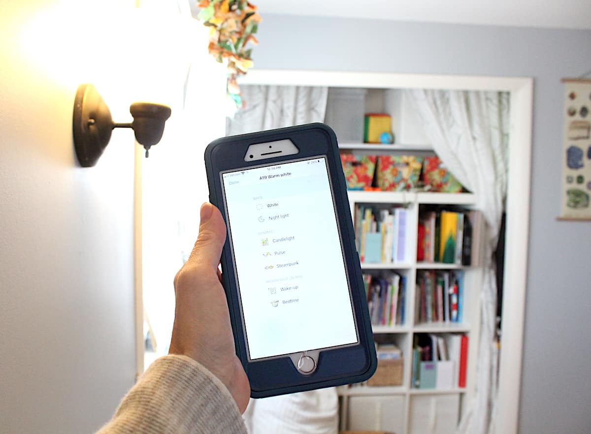 hand holding out phone with app for lightbulb