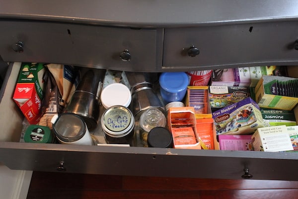 A close up of many items in a drawer