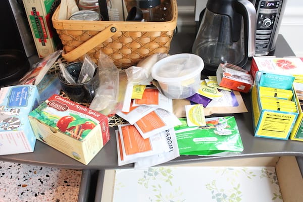A cluttered counter with food items scattered
