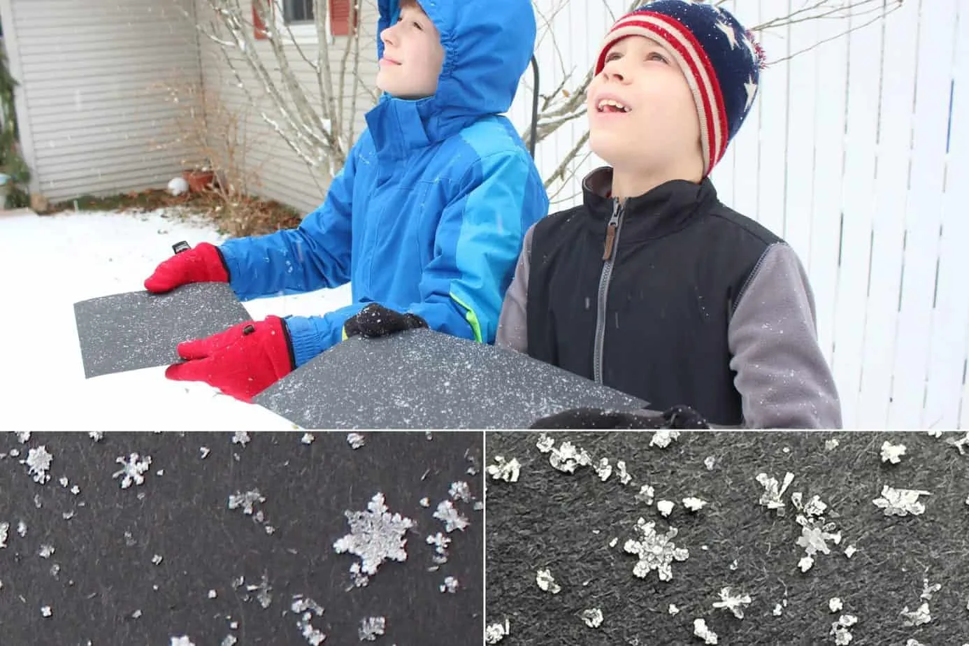 collage of kids catching snowflakes on black construction paper