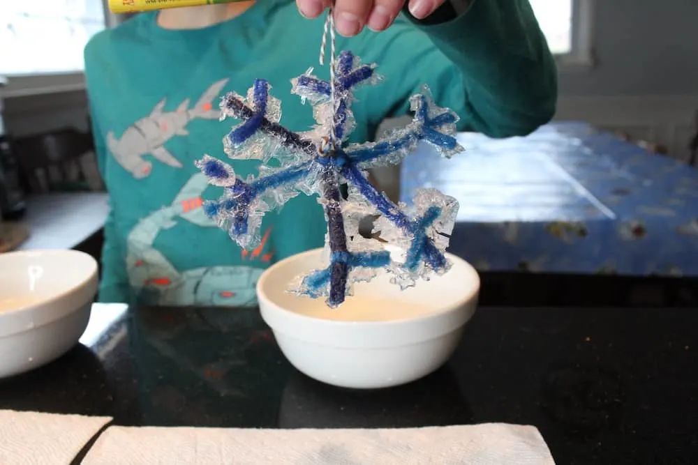 hand holding up blue pipe cleaner crystal shape covered with salt crystals