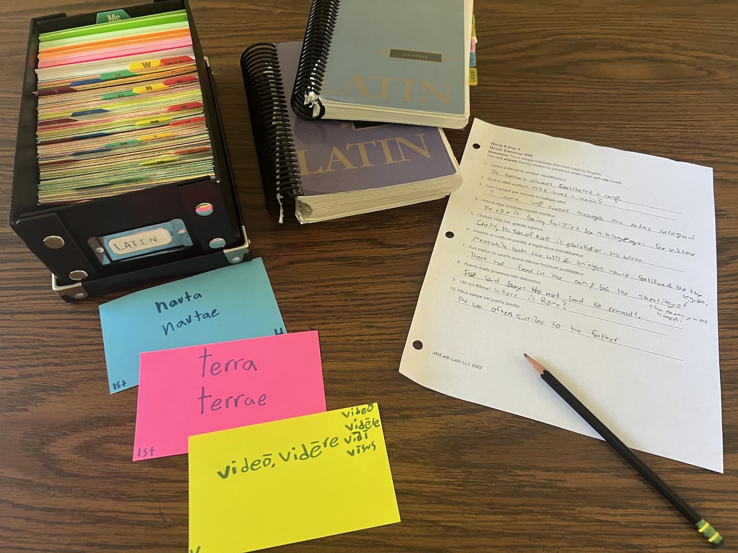 JAM with Latin Review of Vocabulary color coded 3x5 cards on a table with Henle books