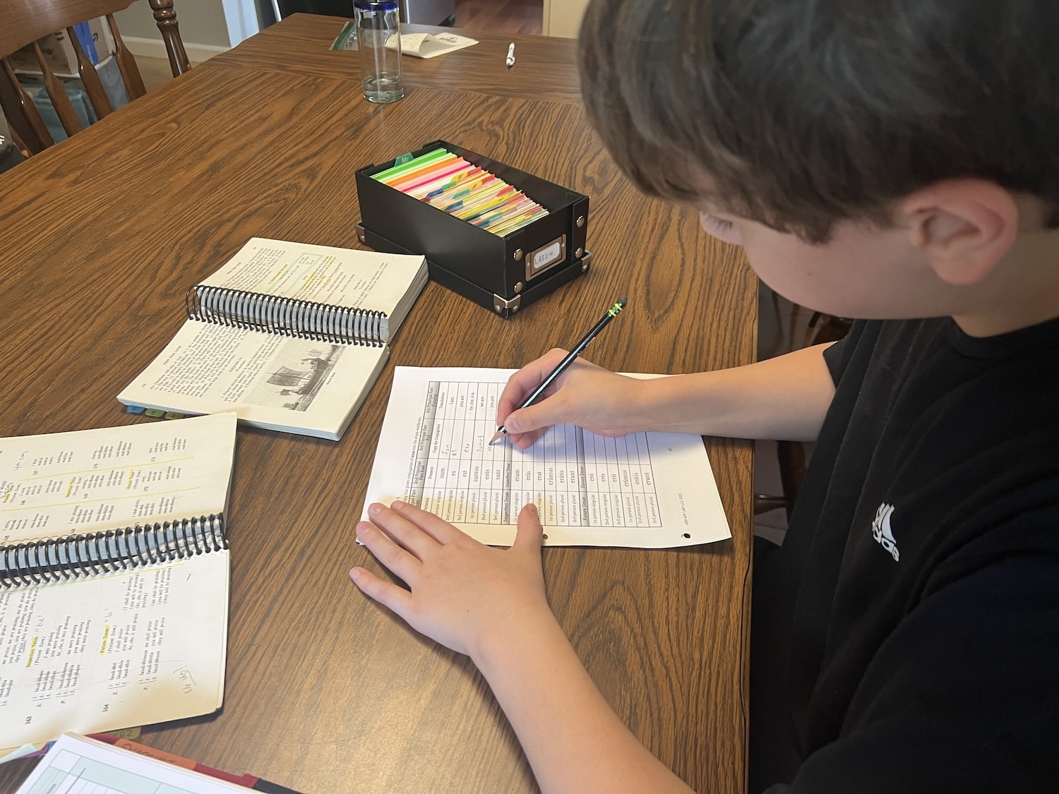 Student using JAM with Latin course worksheets at a table